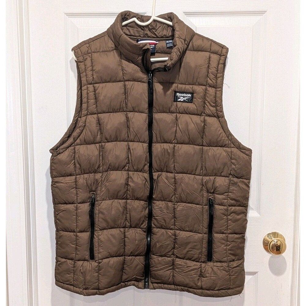 Y2K Size XL Reebok Green/Brown with Black Zipper Puffer Vest 100% Nylon Outer